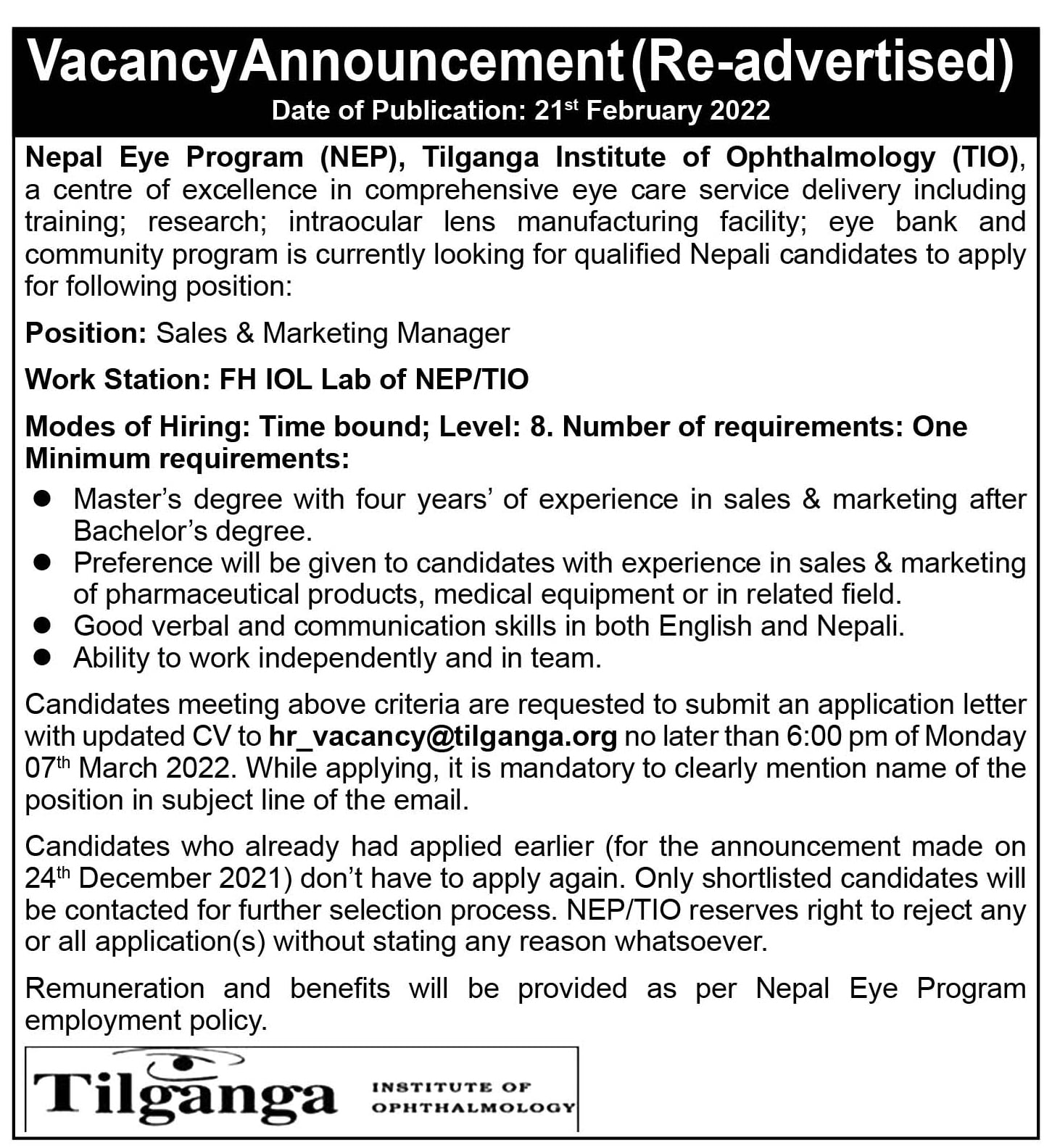 Sales and Marketing manager vacancy Tilganga 