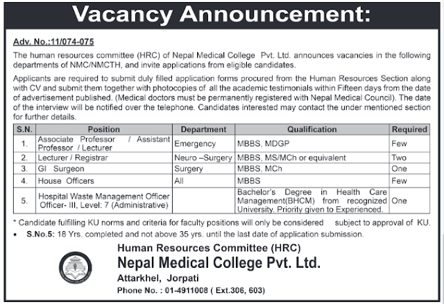 Nepal Medical college vacancy