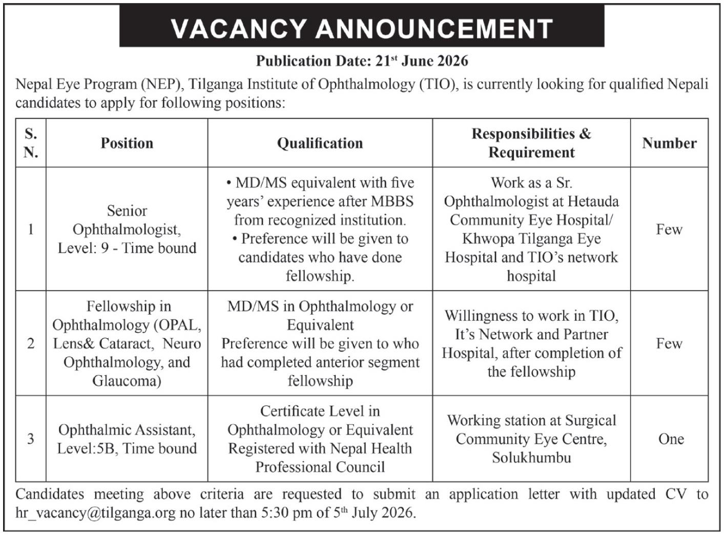 Tilganga Institute of Ophthalmology Vacancy