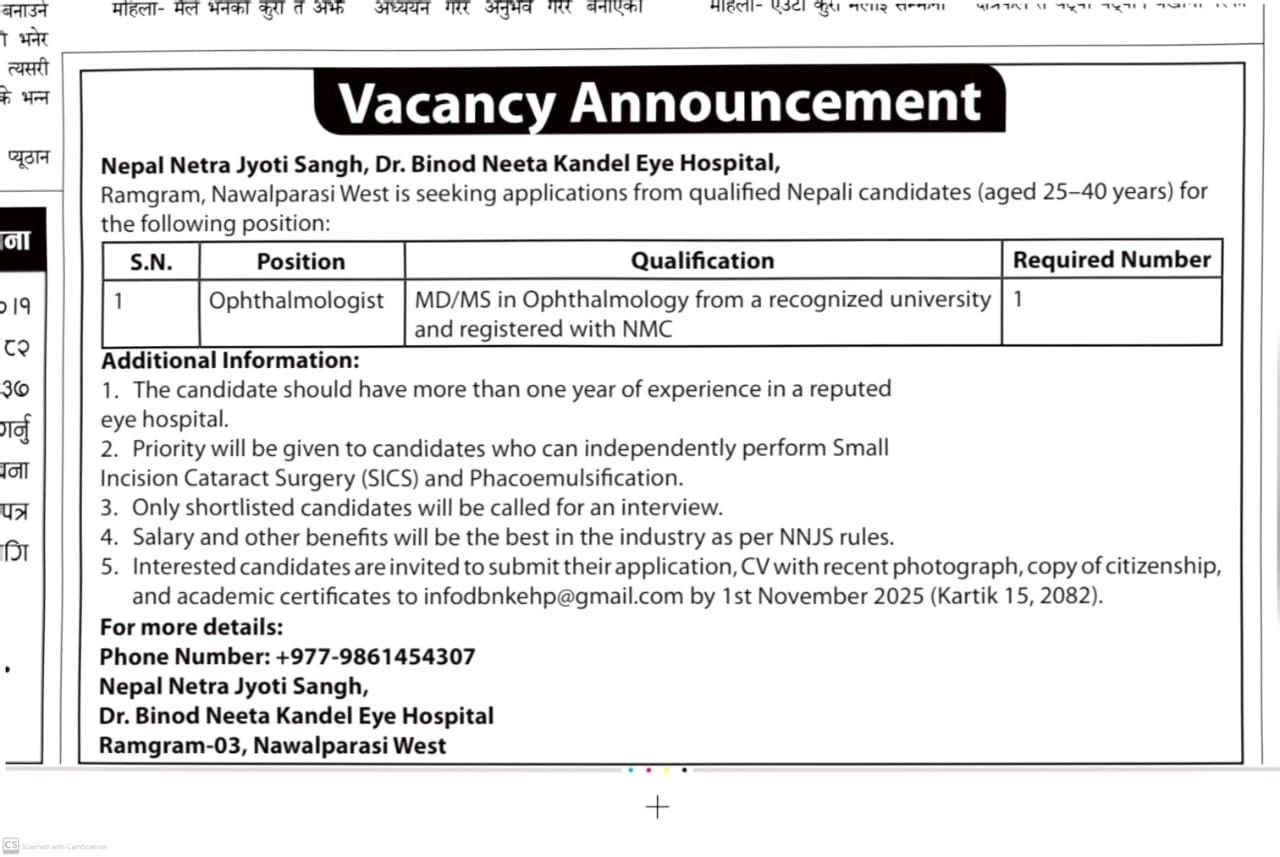 Vacancy Dr Binod Neeta